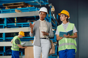 Black businesswoman giving instructions to female worker in warehouse.