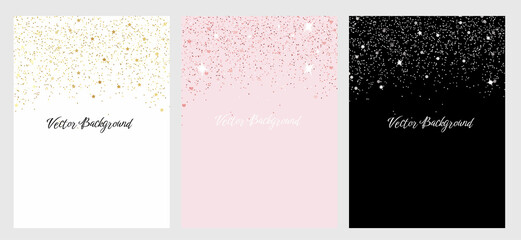 Sparkling falling gold, rose gold, silver dust. Set of vector backgrounds with glitter and space for text