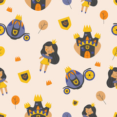 Little cute princess, castel coach and abstract trees seamless pattern. Kids nursery background, textile fabric cover funny decor