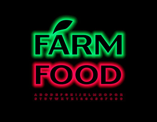 Vector neon emblem Farm Food. Red light Font. Electric Alphabet Letters and Numbers set
