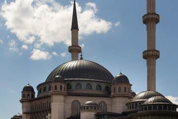 Naklejka premium Close up view view of newly constructed mosque at Taksim square in Istanbul. It is a sunny summer day.