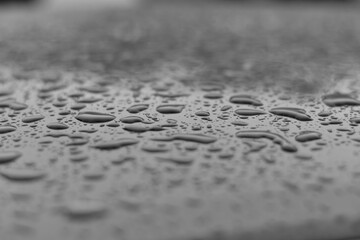 Black and white image of water droplets on glass