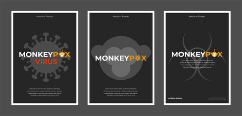Monkeypox a4 flyer on black background in minimalistic style. Monkey, virus and danger icons. Monkey pox poster, cover, banner. Vector flat illustration icon