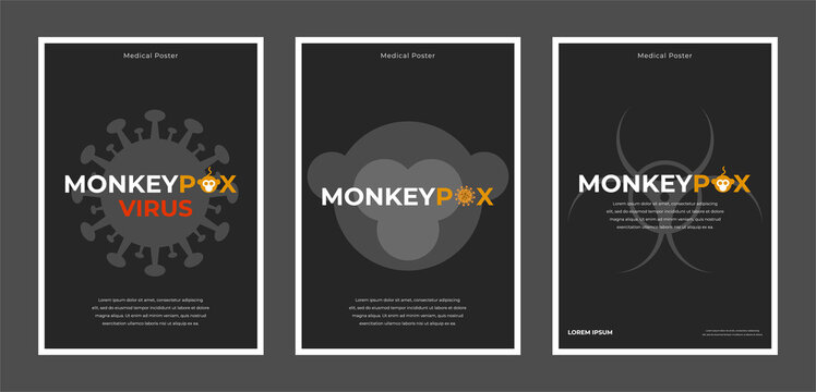 Monkeypox a4 flyer on black background in minimalistic style. Monkey, virus and danger icons. Monkey pox poster, cover, banner. Vector flat illustration icon