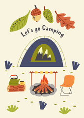 Print camping with a tent by the fire. Hiking, Camping. Adventure nature poster for nursery room. Children design card vector doodle naive art illustration