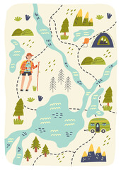 Map creator forest hiking camping. Hiking, Camping. Adventure nature poster for nursery room. Children design card vector doodle naive art illustration