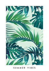 Hawaiian floral design with monstera palm leaves. Exotic tropical summer vector background.