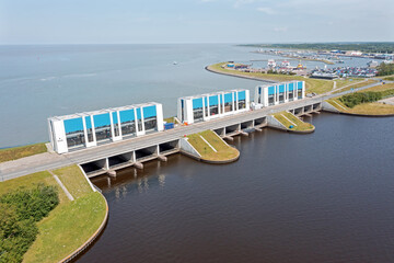 Aerial from the R.J. Clevering Sluices at the Lauwersmeer in the Netherlands - obrazy, fototapety, plakaty