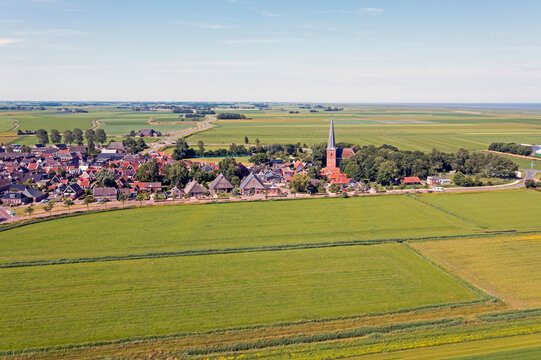 Aerial from the historical village Holwerd near de Wadden Sea in Friesland the Netherlands