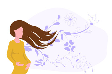 Obraz na płótnie Canvas Pregnant woman with hands on her stomach. Against the background of a floral ornament. Vector flat illustration