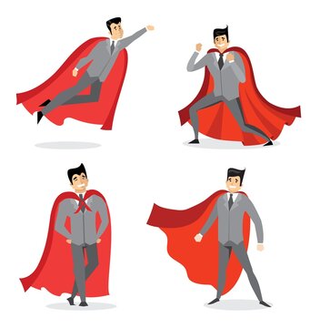 Vector illustrations in flat design of male business superhero in funny comics costume