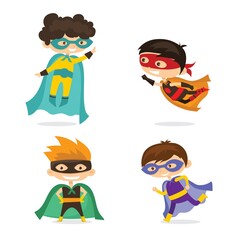 Cartoon vector illustration of Kid Superheroes wearing comics costumes