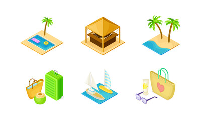 Set of summer beach objects. Swimming pool, tiki bar, suitcase, yacht vector illustration