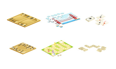 Board games set. Backgammon, puzzle, go, playing cards, domino tabletop game vector illustration