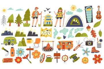 Set collection of hiking camping items and characters. Hiking, Camping. Adventure nature clipart. Children design isolated element vector doodle naive art illustration - obrazy, fototapety, plakaty