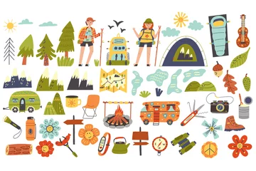 Foto op Plexiglas Set collection of hiking camping items and characters. Hiking, Camping. Adventure nature clipart. Children design isolated element vector doodle naive art illustration © Anna Drozdova