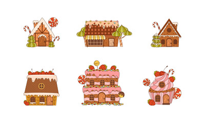 Sweet houses set. Glazed gingerbread house decorated with candies cartoon vector illustration