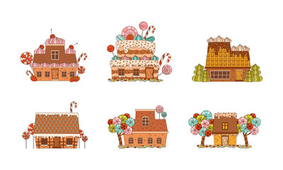 Festive sweet houses set. Gingerbread house made of colorful sweets and candies cartoon vector illustration