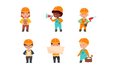Set of kids builders. Architect, foreman, handyman characters cartoon vector illustration