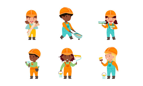 Set Of Kids Builders. Children Wearing Overalls And Hard Hats With Construction Equipment Cartoon Vector Illustration