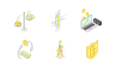 Virtual crypto currency related signs set. Digital money and bitcoin mining vector illustration