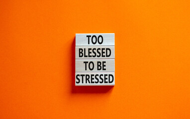 Too blessed to be stressed symbol. Concept words Too blessed to be stressed on wooden blocks. Beautiful orange table orange background. Psychological and too blessed to be stressed concept. Copy space