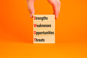 SWOT strengths weaknesses opportunities symbol. Concept words SWOT strengths weaknesses opportunities on blocks on beautiful orange background. Business SWOT strengths weaknesses opportunities concept