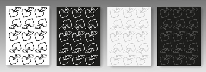 Set collection of black and white backgrounds drawn with hearts apples elements