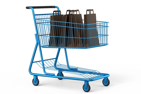 Shopping cart or trolley with shopping bag on white background.