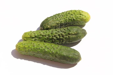 three green cucumbers lie on a white background