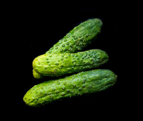 three green cucumbers lie on a black background