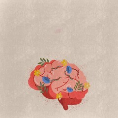 Cerebro ilustrado en digital con flores © Sara