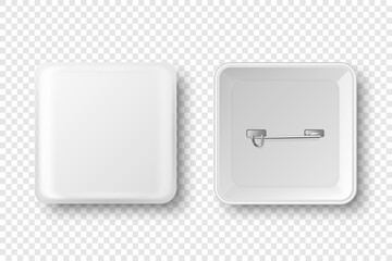Vector 3d Realistic Square White Metal, Plastic Blank Empty Button Badge Icon Isolated. Button Pin Badge. Glossy Brooch Pin. Top View - Front and Back Side. Template for Branding, Mock-up