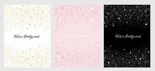 Sparkling falling gold, rose gold, silver dust. Set of vector backgrounds with glitter and space for text