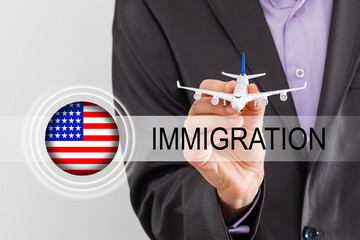 usa flag and inscription immigration, virtual button