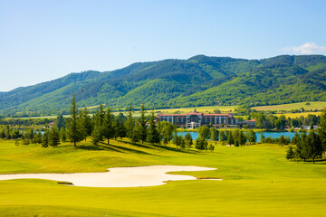 The view of the Pravets golf resort watching towards the lake and RIU hotel of Pravets.