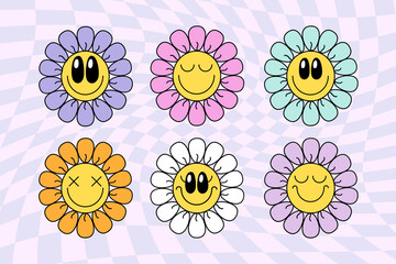 Set of groovy daisy smiley flowers print on 70s style on psychedelic background. Vector doodle illustration. Design for t shirt, card, flyer, banner