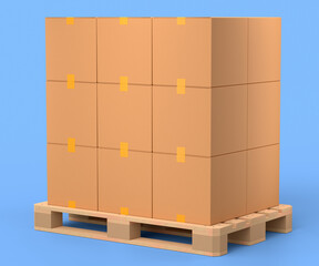 Set of wooden pallet for warehouse cargo storage with cardboard boxes on blue