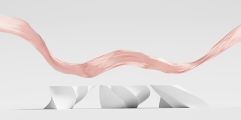 3D display podium, white background with pedestal and pink flying silk cloth curtain.Nature  wind. Beauty, cosmetic product presentation stand. Luxury feminine banner template 3d render advertisement