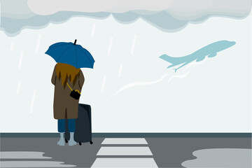 A lonely girl in the rain stands on the runway, missed the plane. The concept of mental health problems, grief, suffering