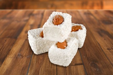 Tasty sweet traditional food dessert on background