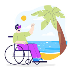 Metaverse digital cyber world technology. Disabled man holding virtual reality glasses in augmented environment with sea view. Modern interface for gaming and explore world.