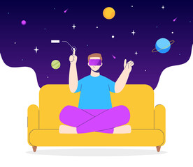 Metaverse digital cyber world technology. Man holding virtual reality glasses at home. Modern interface for research and study.