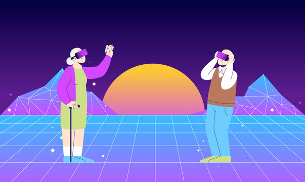 Metaverse digital cyber world technology. Elderly couple holding virtual reality glasses in cyberspace. Modern interface for communication and explore world