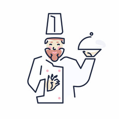 Linear silhouette of a chef presenting a dish.