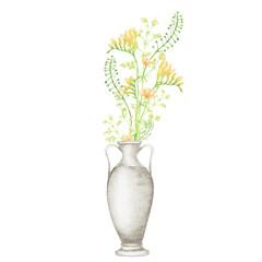 Watercolor Ancient Greece Pottery with bouquet, Antique Greek vases white gray jug. Old clay amphora, pot, urn, jar for flowers. Vintage ceramic icon isolated illustration