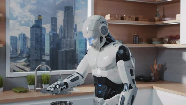 Smart cyborg. Footage of robotic assistant lifting lid of pot while cooking at kitchen. Intelligent white big robot looking directly at camera. Helper at home. Future life concept. Indoors. Daytime