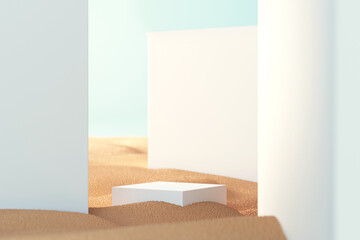 Summer tropical background, White Podium on sand beach, Mock up for the exhibitions and display, Presentation of products, 3d render.