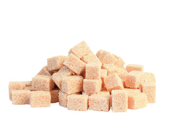 pile of sweet cane unrefined sugar cubes isolated on white background