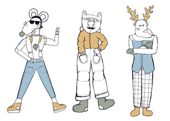 Set of funny animals hare, fox and panda in clothes in children s primitive style. Hand drawn vector illustration